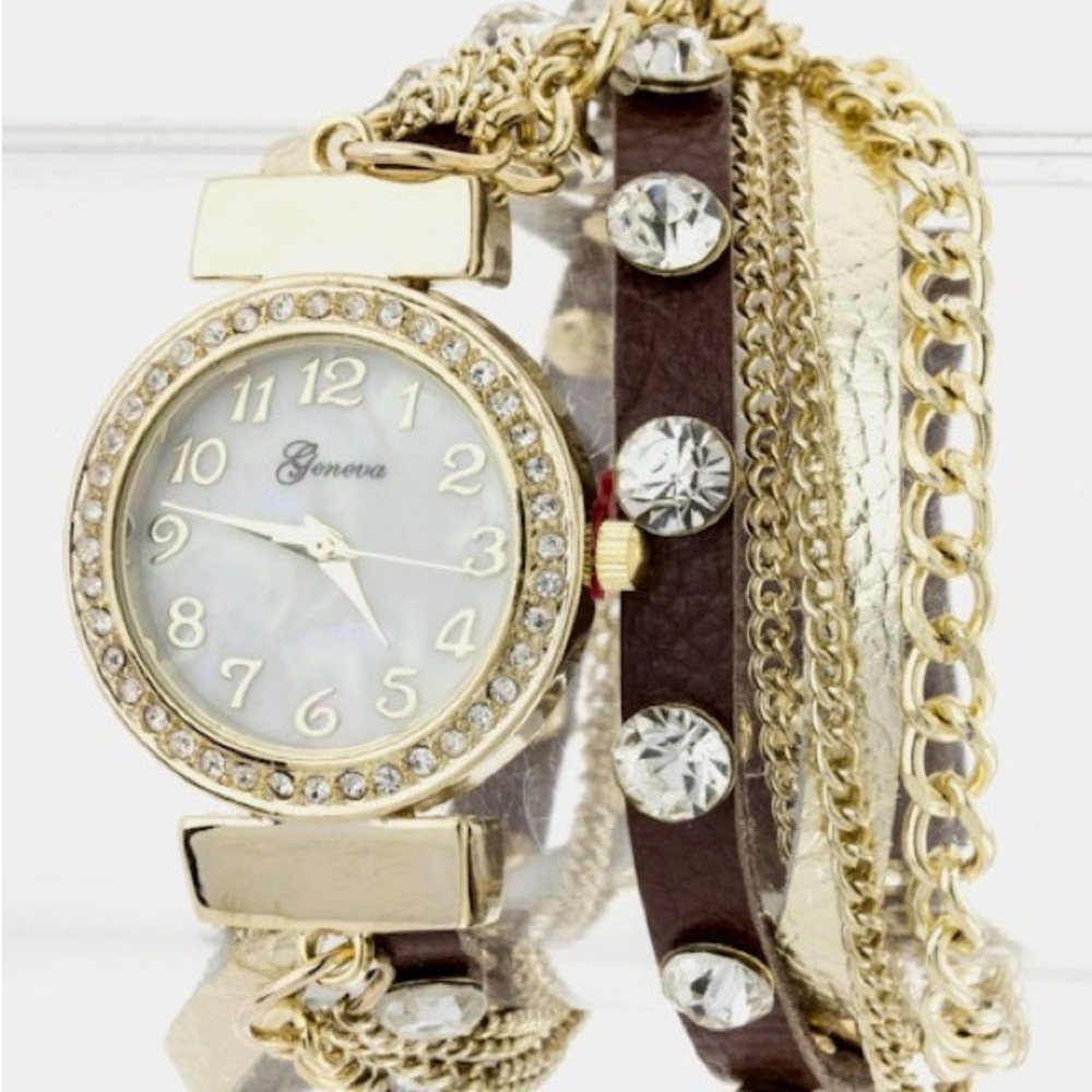 Wrap Leather Bracelet Watch dark brown and gold